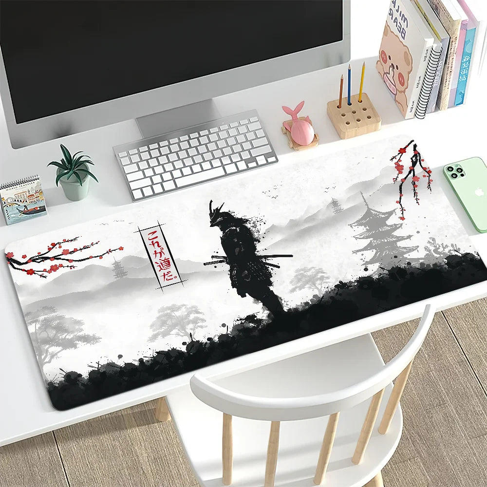 Large Japan Samurai Fantasy Mask mouse pad by R.E.D. Shopping featuring a detailed samurai mask design on a non-slip gaming desk mat.