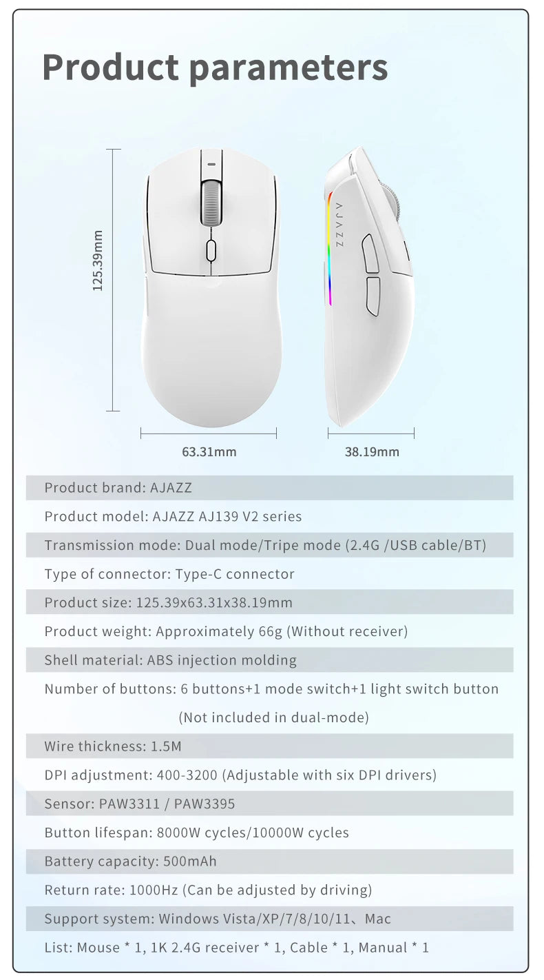 AJAZZ AJ139 V2 MC Wireless Gamer Mouse with Dock PAW3311 Gaming Sensor 12000DPI Max Tri-mode Connect Mice for Laptop PC
