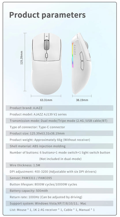 AJAZZ AJ139 V2 MC Wireless Gamer Mouse with Dock PAW3311 Gaming Sensor 12000DPI Max Tri-mode Connect Mice for Laptop PC