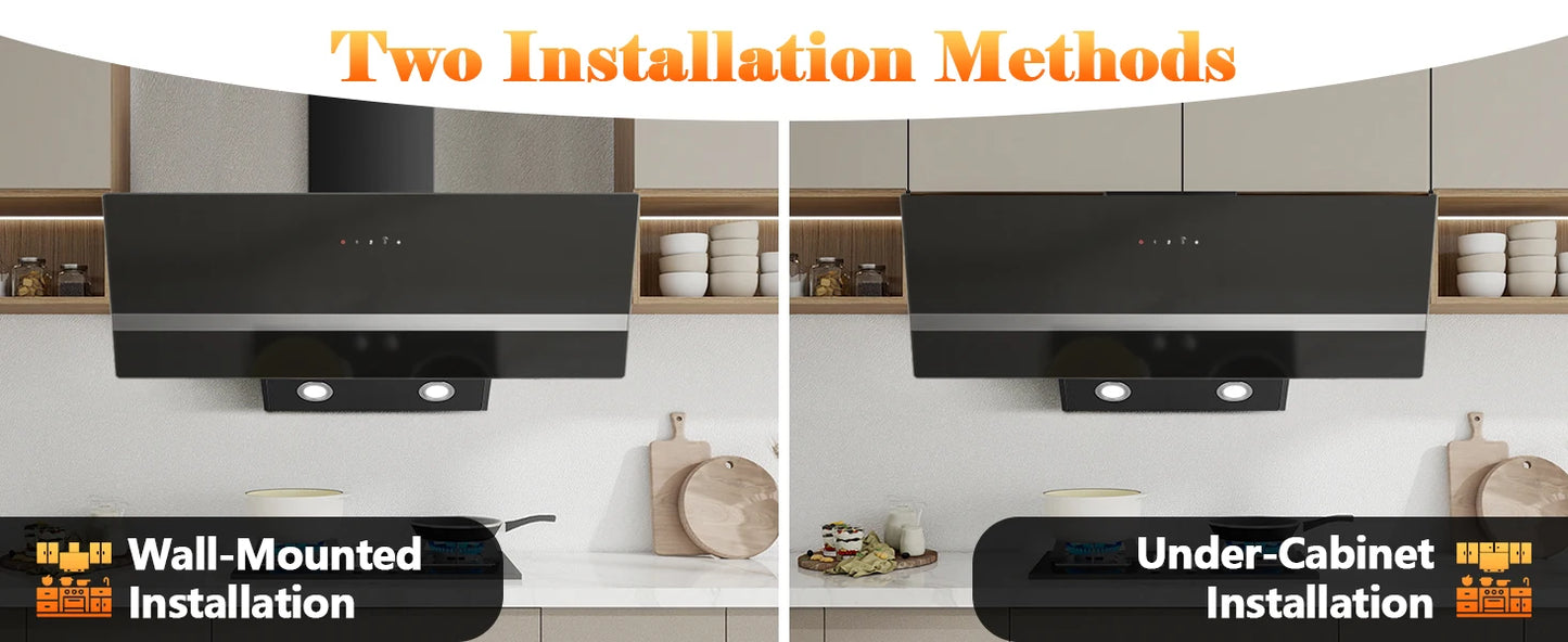 90cm Wall-Mounted Range Hood – A+++ Energy Class, 400m³/h, Touch Control, LED, Black Stainless Steel/Glass, 58dB