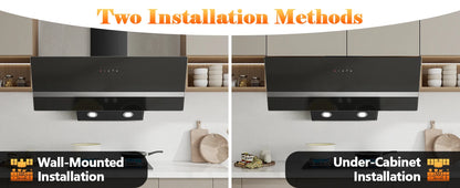 90cm Wall-Mounted Range Hood – A+++ Energy Class, 400m³/h, Touch Control, LED, Black Stainless Steel/Glass, 58dB