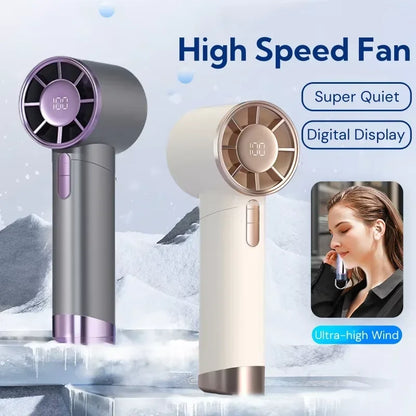 Portable R.E.D. Shopping electric handheld fan with aluminum alloy design, digital display, large wind, and rechargeable battery.