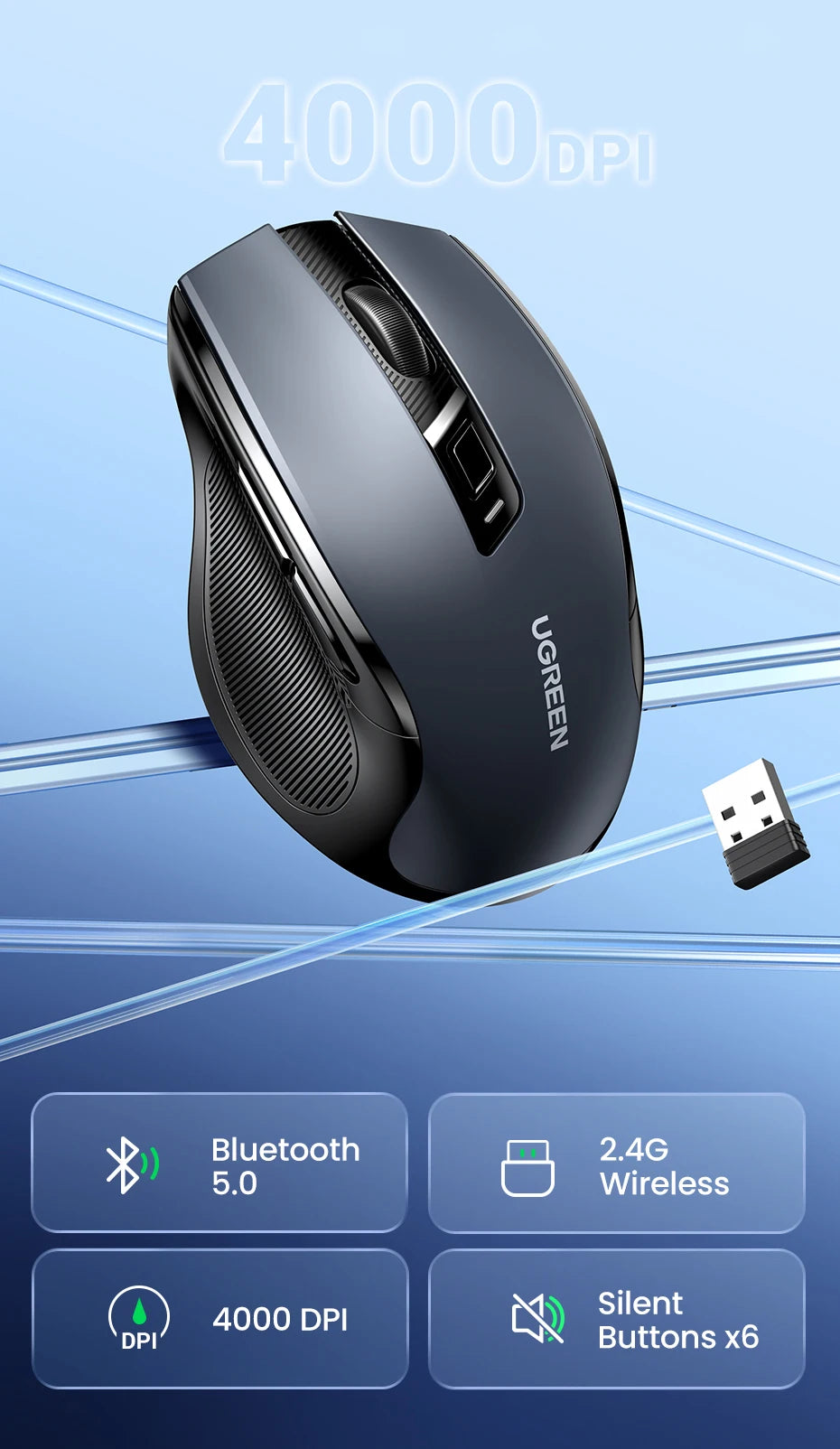 UGREEN MU006 Wireless Mouse – BT5.0 & 2.4G, 4000 DPI, 6 Silent Buttons, Ergonomic for MacBook & PC