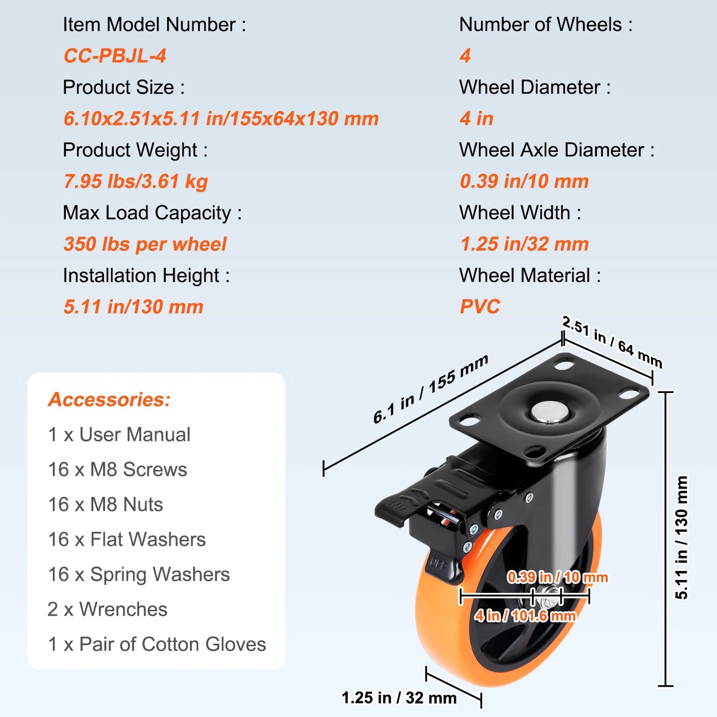 SucceBuy Swivel Plate Casters Set of 4 – 2–6 inch, Dual Locking PVC Wheels