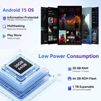 URAO Tablet 10.4" – Android 15, 20GB RAM, 64GB+1TB, WiFi 6, BT 5.4, Dual Camera, GMS