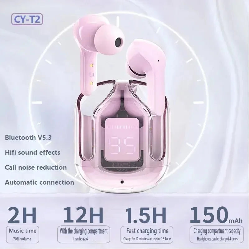 R.E.D. Shopping T2 wireless Bluetooth earphones with transparent design, LED display, and 24-hour battery life.