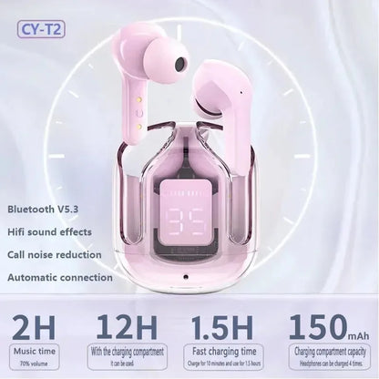 R.E.D. Shopping T2 wireless Bluetooth earphones with transparent design, LED display, and 24-hour battery life.