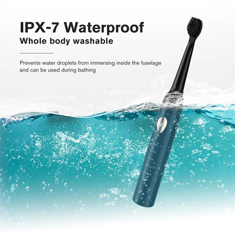 Rechargeable R.E.D. electric toothbrush with 5 cleaning modes, waterproof design, and 30-day battery life.