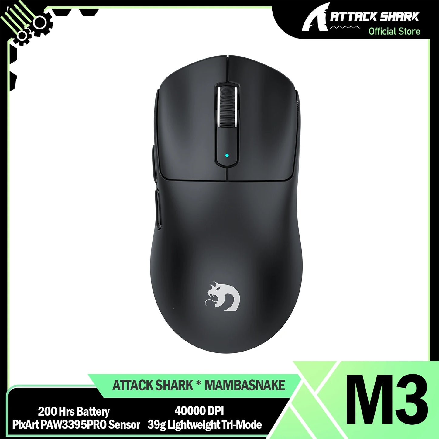 ATTACK SHARK × MAMBASNAKE M3 Superlight Gaming Mouse | 39g | PAW3395PRO | 40000 DPI | 200Hr Battery