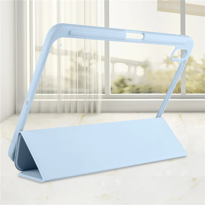 iPad Case with Pen Holder – Trifold Acrylic Clear Back Cover for iPad 9.7–11"