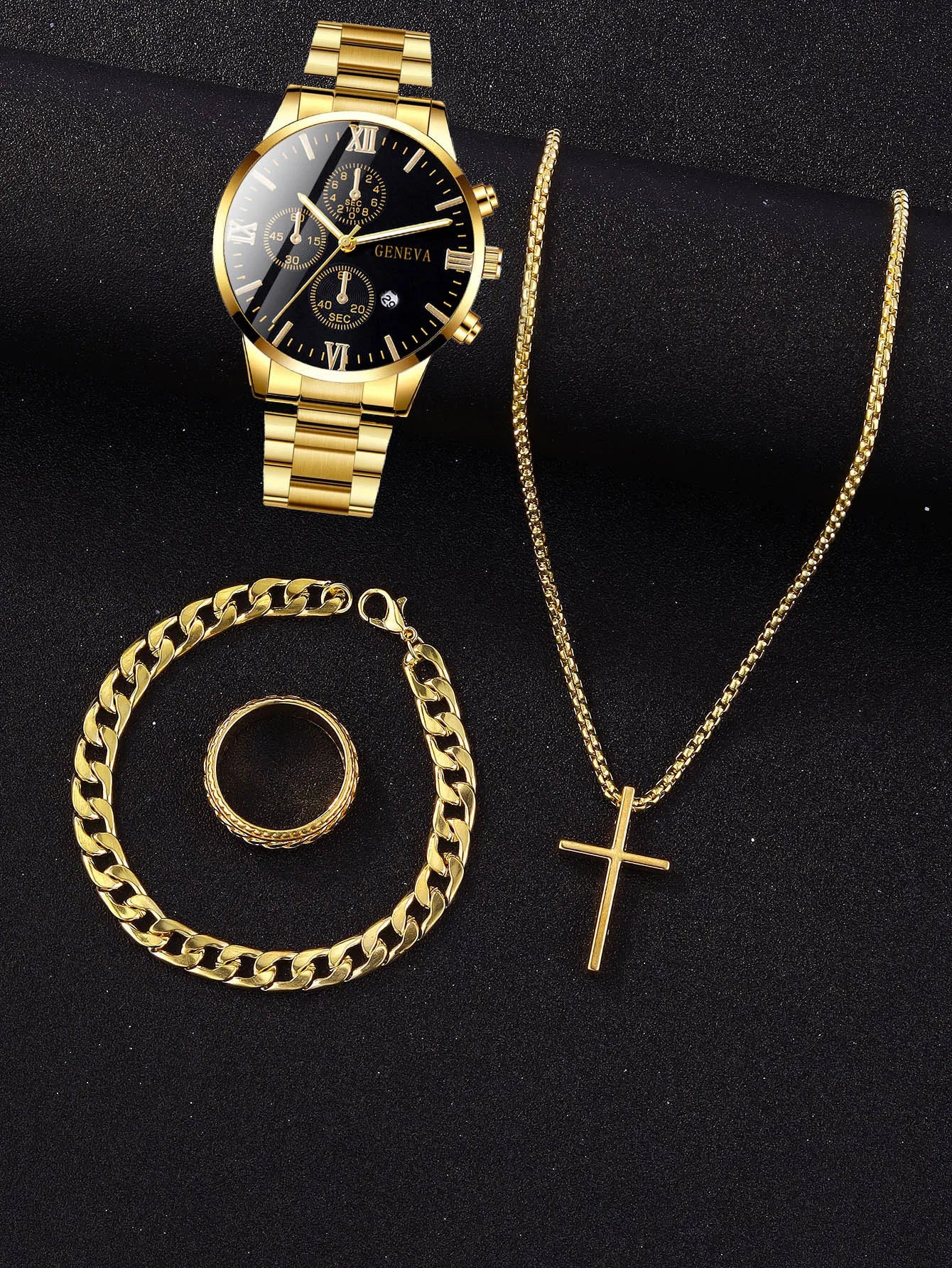 4-piece men's gold jewelry gift set includes a Roman quartz watch, necklace, bracelet, and ring in a stylish design.