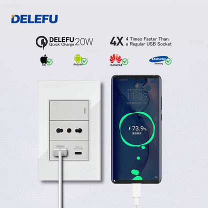 DELEFU Tempered Glass Wall Socket with USB-C Fast Charging – Schuko/Italy