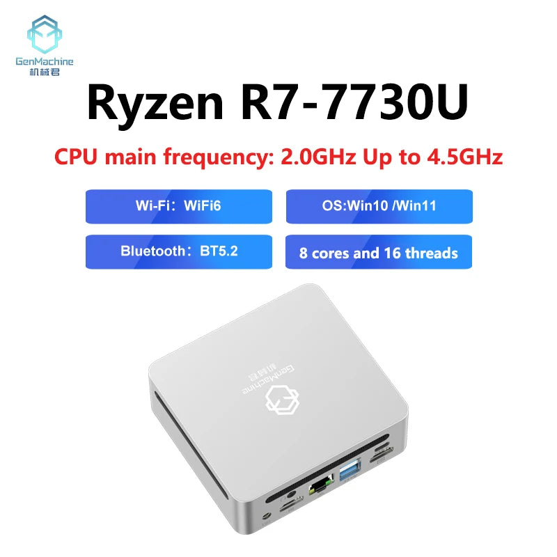 GenMachine Mini PC – AMD Ryzen 7 7730U, 8-Core, DDR4 3200MHz, 256/512GB SSD, WiFi 6, BT 5.2, Windows 11