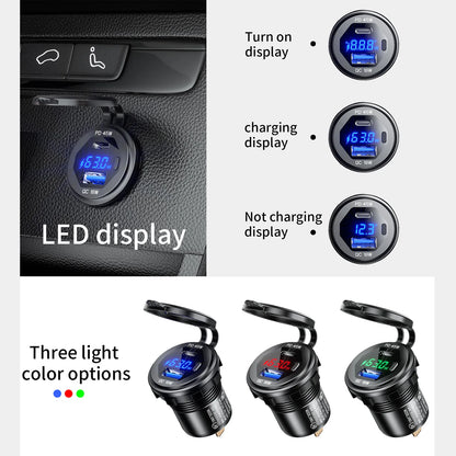 63W Aluminum USB-C Car Charger Socket – PD & QC3.0 Dual Port, 12V/24V for Car, Boat & Motorcycle