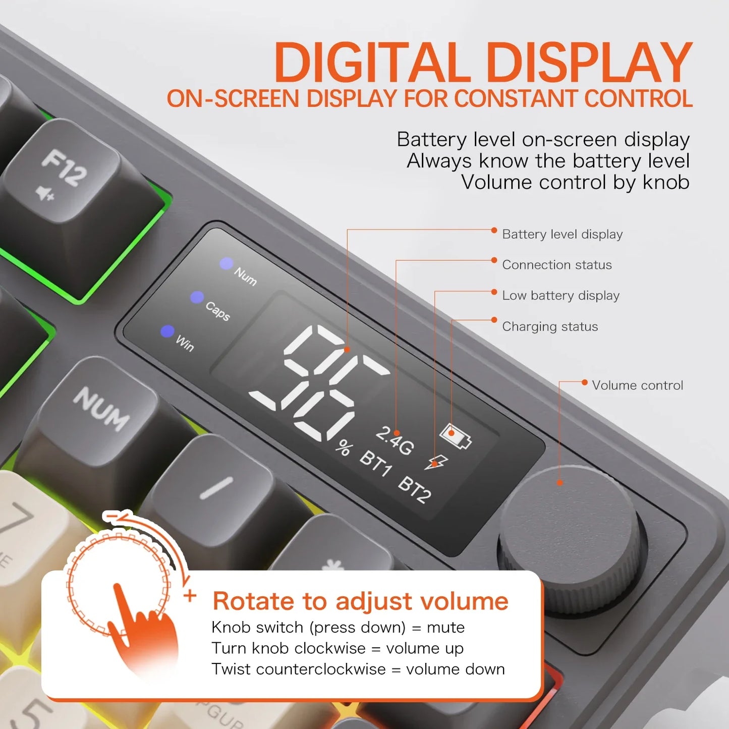 Free Wolf M96 Wireless Bluetooth Keyboard – 94 Key, Multimedia Knob, RGB, Battery Display