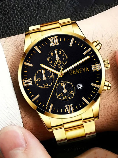 Men's gold watch and jewelry gift set including Roman quartz watch, necklace, bracelet, and ring, styled for men's accessory collection.