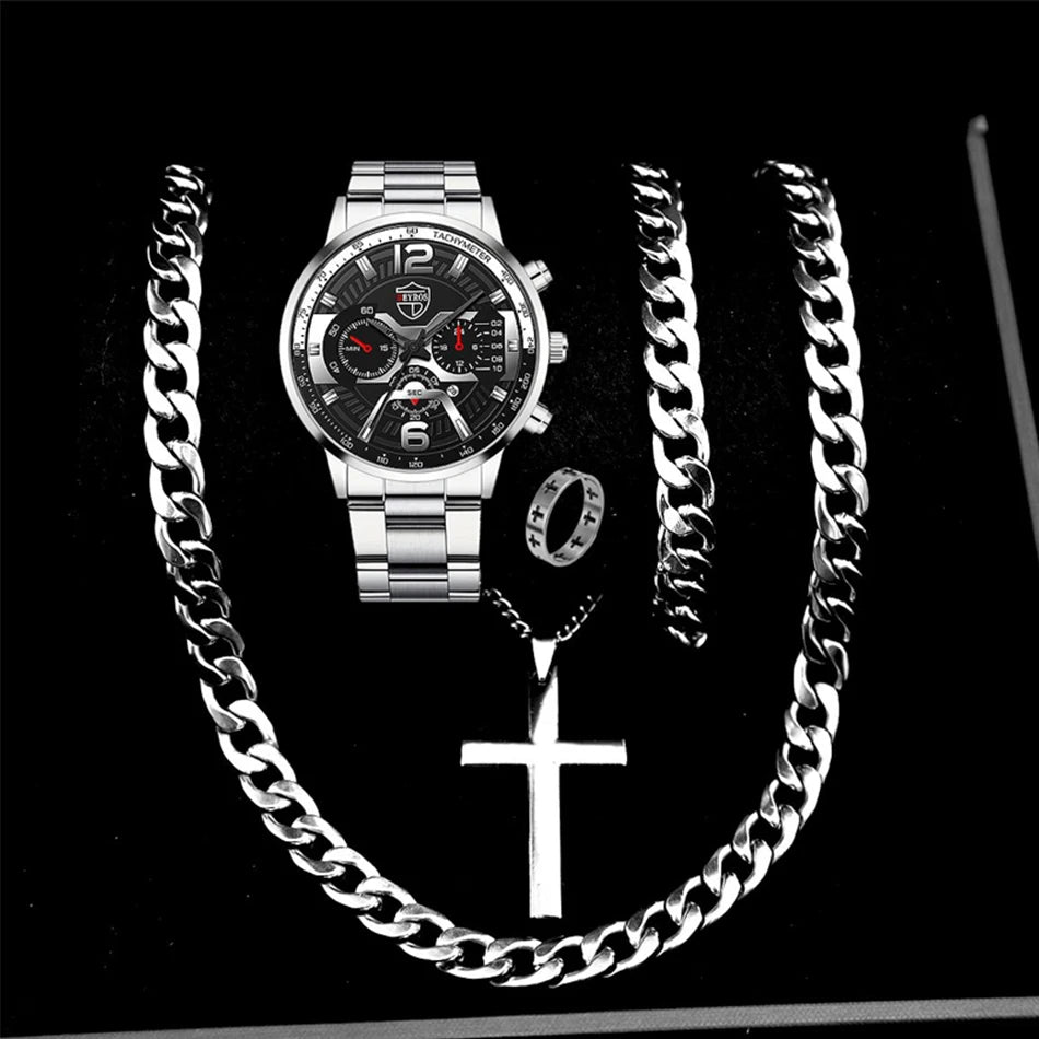 R.E.D. Shopping DEYROS 5-piece men's watch and jewelry gift set with quartz calendar watch, necklace, and bracelet displayed on a white background