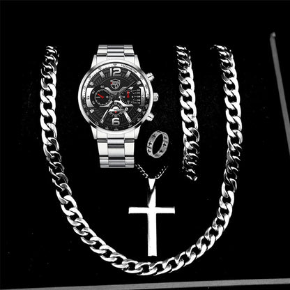 R.E.D. Shopping DEYROS 5-piece men's watch and jewelry gift set with quartz calendar watch, necklace, and bracelet displayed on a white background