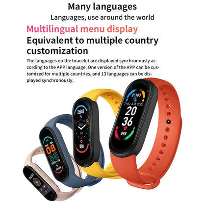 R.E.D. Shopping M6 Smart Fitness Bracelet displaying digital screen, heart rate monitor, and waterproof design.