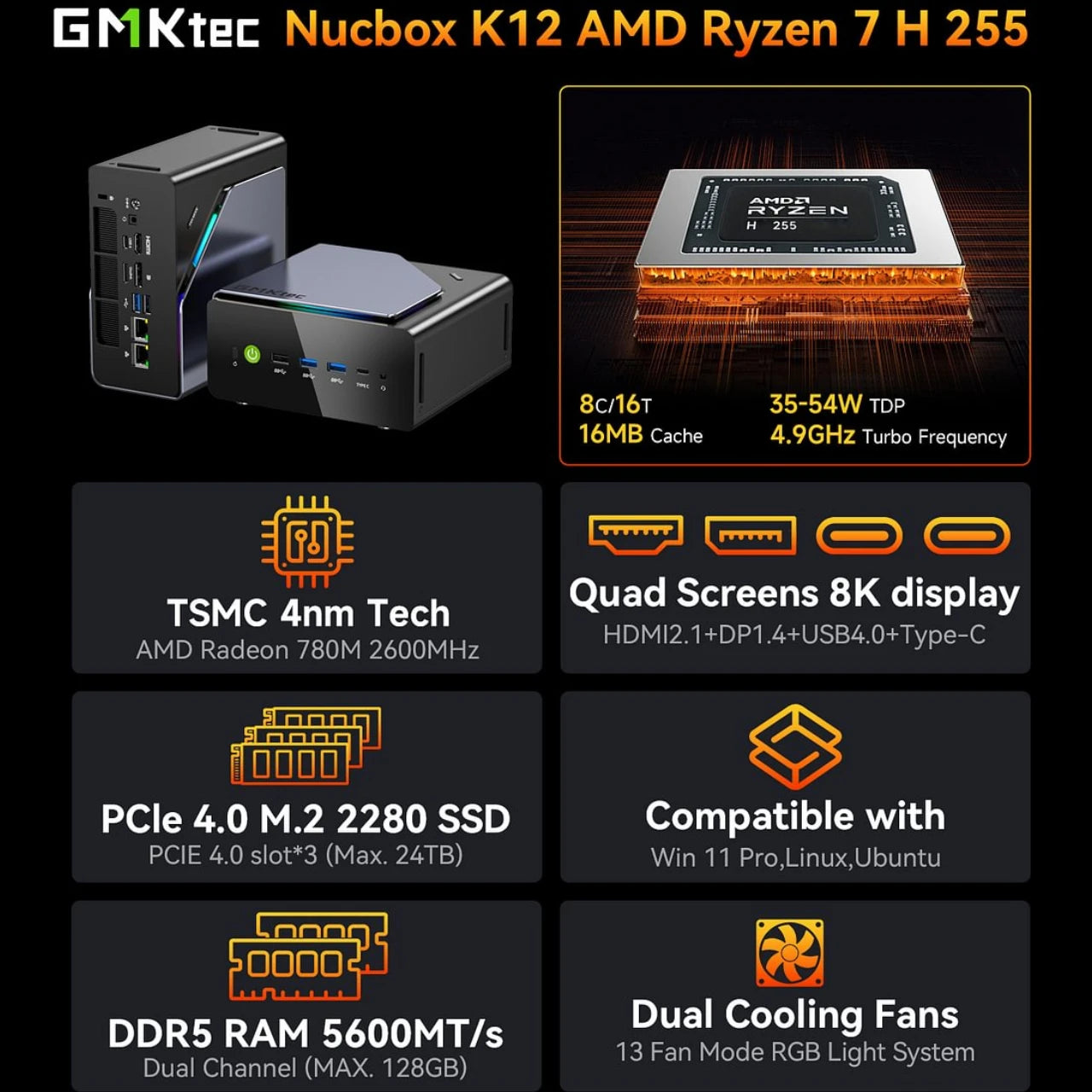 GMKtec K12 Gaming Mini PC – AMD Ryzen 7 H255, Radeon 780M, WiFi 6E, USB-C