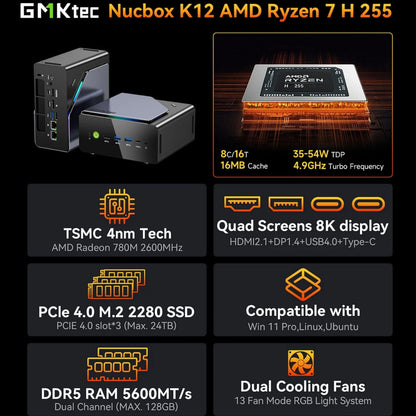 GMKtec K12 Gaming Mini PC – AMD Ryzen 7 H255, Radeon 780M, WiFi 6E, USB-C