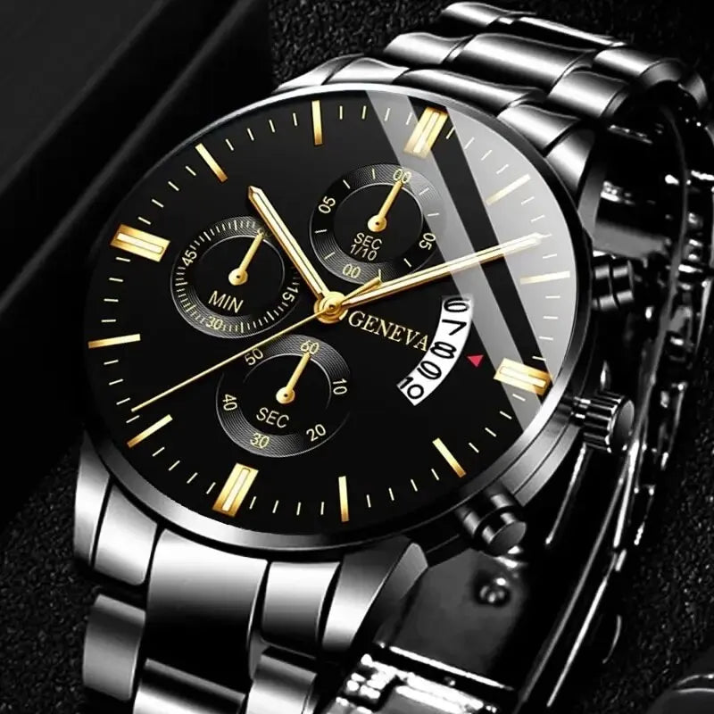 Men’s luxury stainless steel quartz wristwatch with calendar display, stylish business jewelry by R.E.D. Shopping.