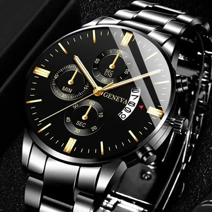 Men’s luxury stainless steel quartz wristwatch with calendar display, stylish business jewelry by R.E.D. Shopping.