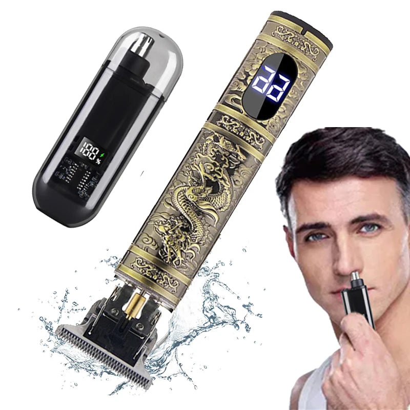 Men's grooming set with nose and ear hair trimmer and T9 hair clipper, USB rechargeable, featuring sleek black design.