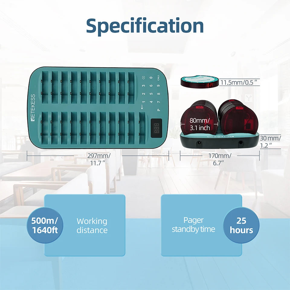 RETEKESS TD167A wireless restaurant calling system coaster pager for food trucks, cafés, and hotels, with buzzer for customer alerts