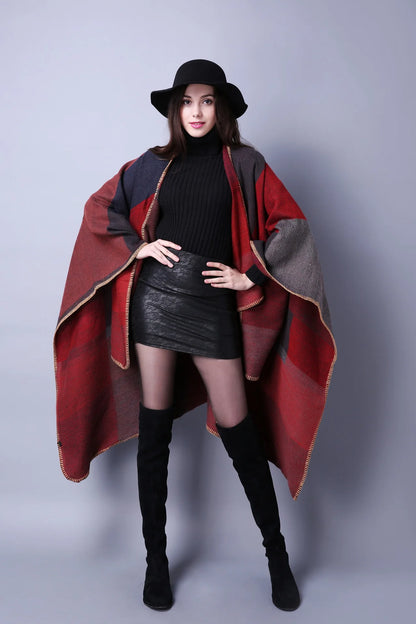 Soft beige luxury imitation cashmere poncho scarf for women, stylish winter shawl and wrap from R.E.D. Shopping.