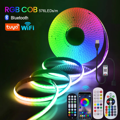 WiFi Bluetooth RGB COB LED Strip Light – 576 LEDs, 24/44 Key Remote, Flexible Tape Kit