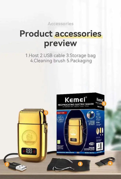 Kemei Km-Tx3 electric gold metal shaver with USB charging, anti-pinch hair styling tool, modern design for personal grooming.