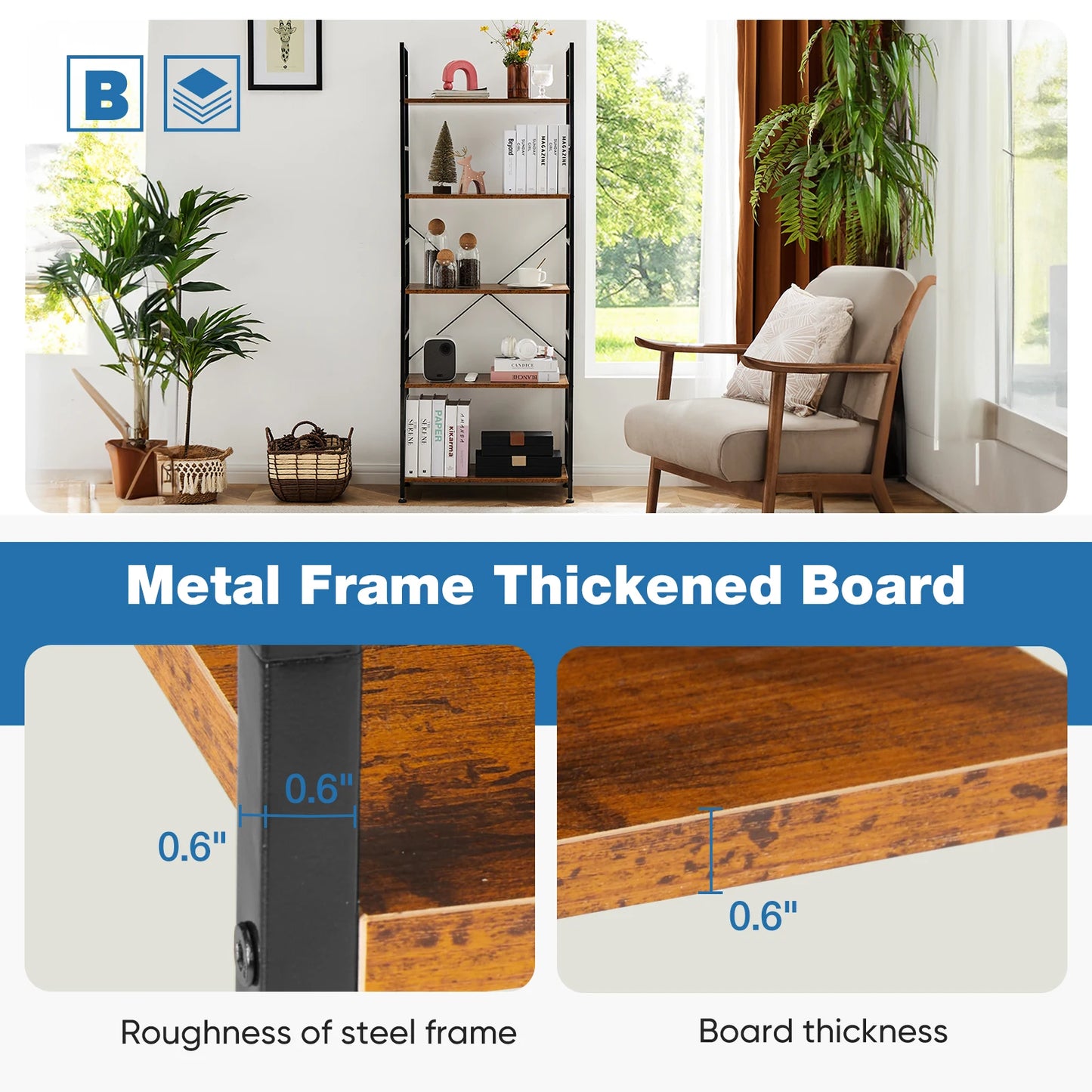 JHK 5-Tier Bookcase Bookshelf | Metal Frame Storage Organizer
