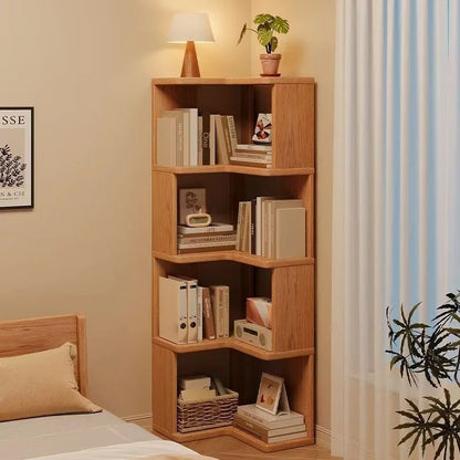 Solid wood corner bookshelf rack by R.E.D. Shopping, multi-layer storage unit for home living room corner organization.