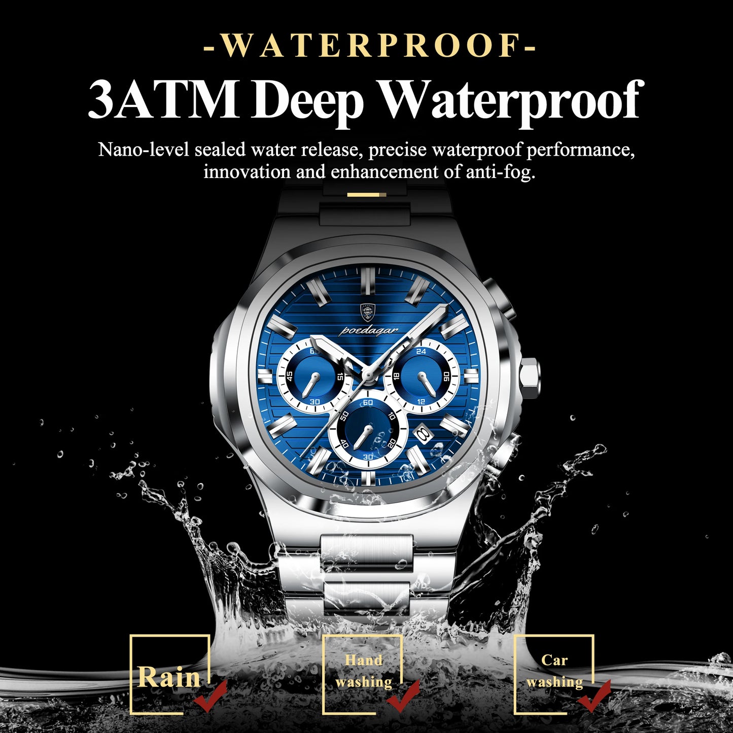 POEDAGAR Men's Luxury Chronograph Watch – Stainless Steel, Waterproof, Luminous, Date