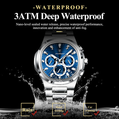 POEDAGAR Men's Luxury Chronograph Watch – Stainless Steel, Waterproof, Luminous, Date