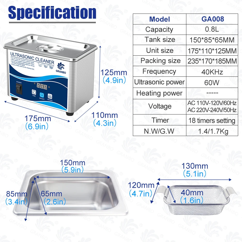 800ml Ultrasonic Cleaner 60W | EU Plug | Degas | 110V-220V | Watches & Jewelry