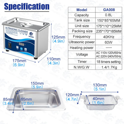 800ml Ultrasonic Cleaner 60W | EU Plug | Degas | 110V-220V | Watches & Jewelry