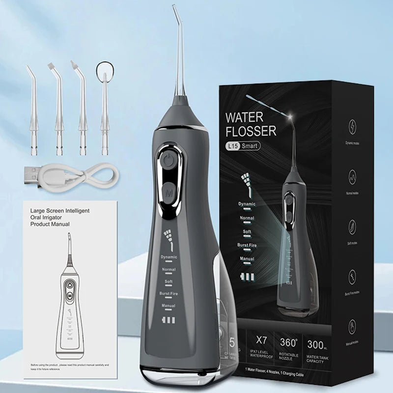 Portable R.E.D. Shopping water flosser with 4 nozzles, 300ml water tank, USB rechargeable, waterproof IPX7, and 5 cleaning modes.
