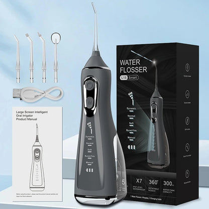 Portable R.E.D. Shopping water flosser with 4 nozzles, 300ml water tank, USB rechargeable, waterproof IPX7, and 5 cleaning modes.