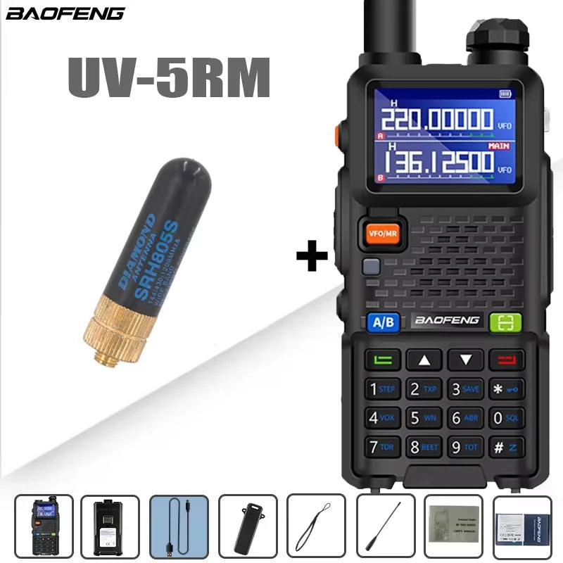 Baofeng UV-5RM walkie talkie with four-band radio, 999 channels, and 3800mAh battery, black handheld two-way radio.