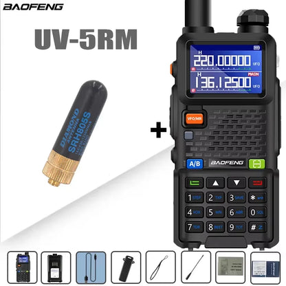 Baofeng UV-5RM walkie talkie with four-band radio, 999 channels, and 3800mAh battery, black handheld two-way radio.