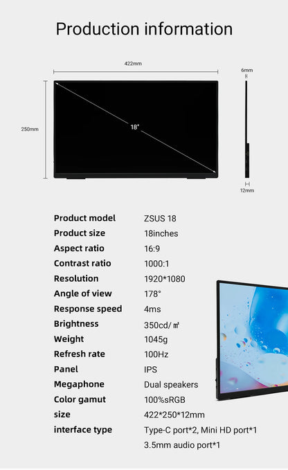 ZSUS 18-Inch 1080P 100Hz 100%sRGB Portable Monitor 16:9 HDR 350cd /M² For XBox PS4 / 5 Switch Cell Phone PC Loptop Extension