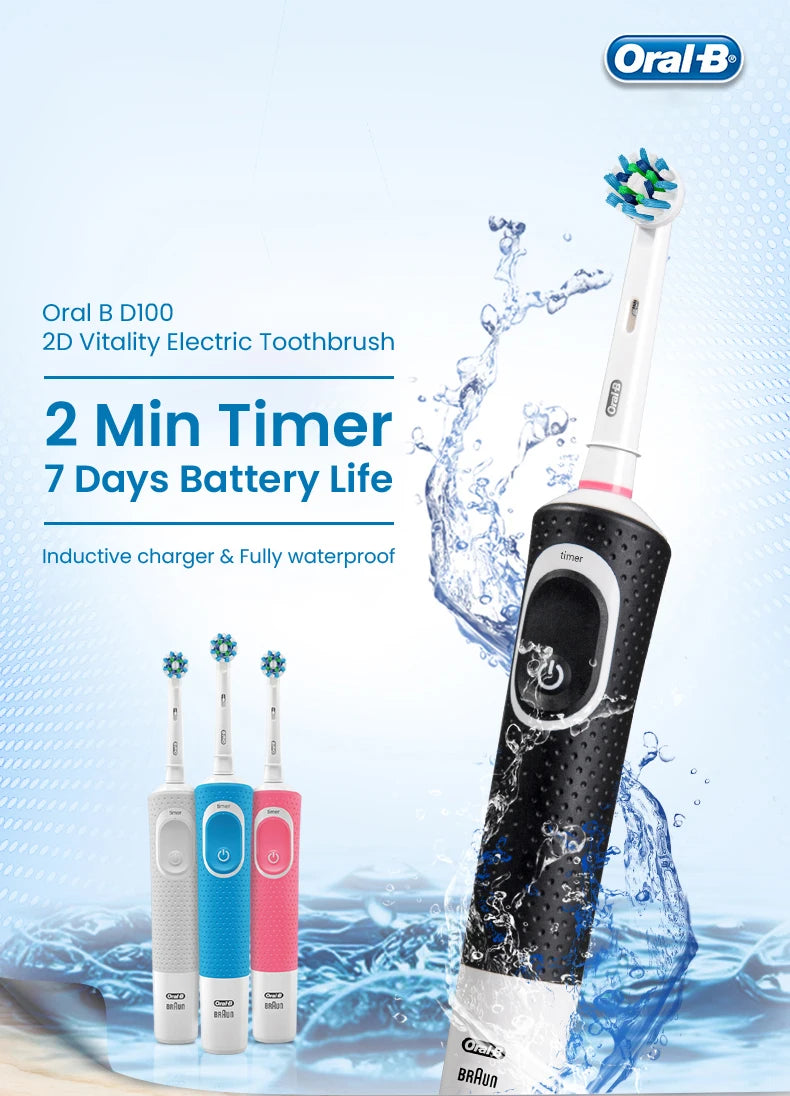 Oral-B D100 Vitality Electric Toothbrush – 2D Cleaning, 10000RPM, Timer, Inductive Charger
