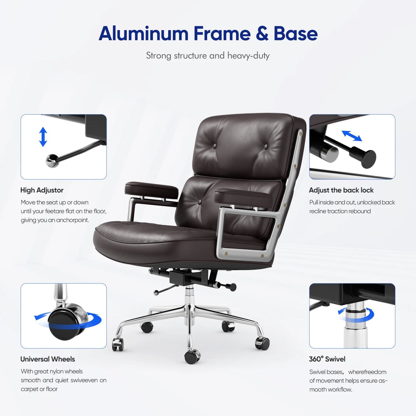 Ergonomic Executive Office Chair – Genuine Leather, Aluminum Arms, Swivel & Wheels