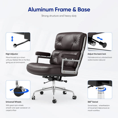 Ergonomic Executive Office Chair – Genuine Leather, Aluminum Arms, Swivel & Wheels