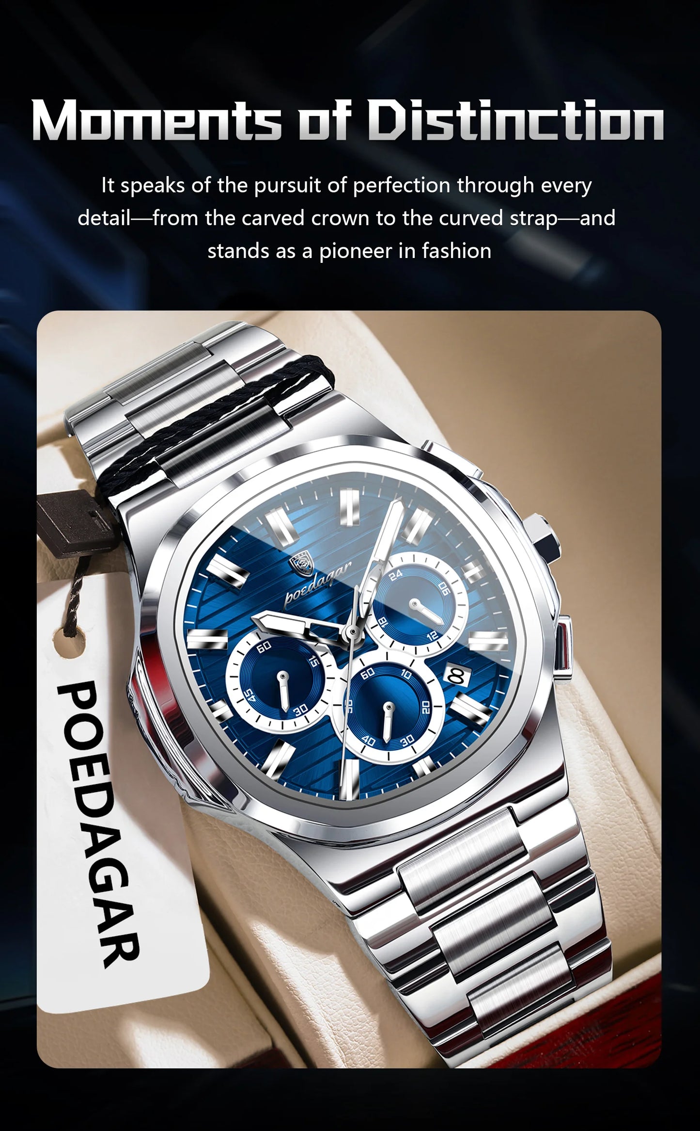 POEDAGAR Men's Luxury Chronograph Watch – Stainless Steel, Waterproof, Luminous, Date