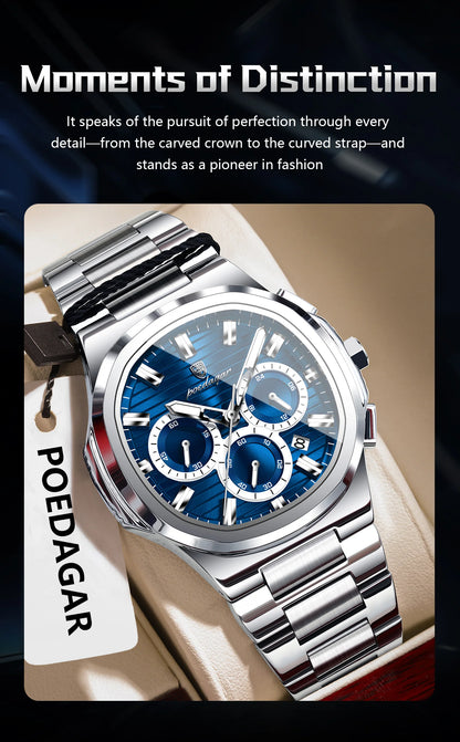POEDAGAR Men's Luxury Chronograph Watch – Stainless Steel, Waterproof, Luminous, Date