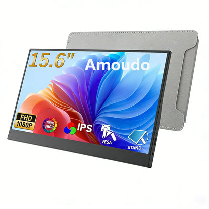 Amoudo 15.6" Portable Monitor – 1080P IPS, USB-C, Mini HDMI, VESA, Penhole Stand