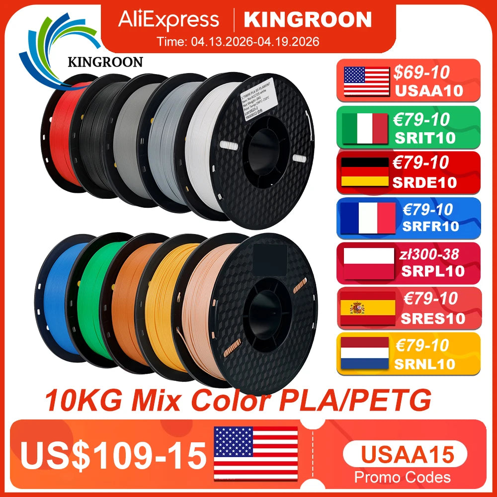 KINGROON 3D Printer Filament – 10 Rolls 1.75mm PLA / PETG, 1KG Each, Mix Colors, Eco-Friendly